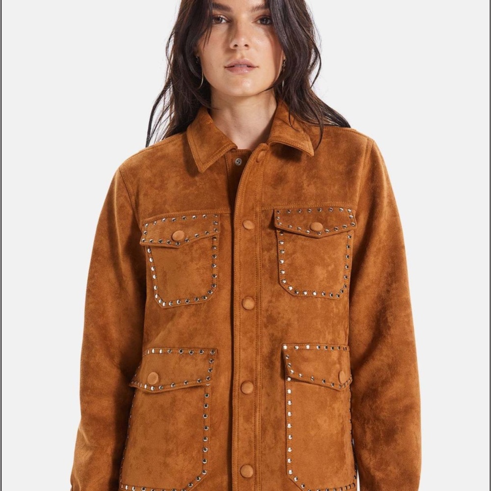 Studded Faux Suede Jacket - Brown